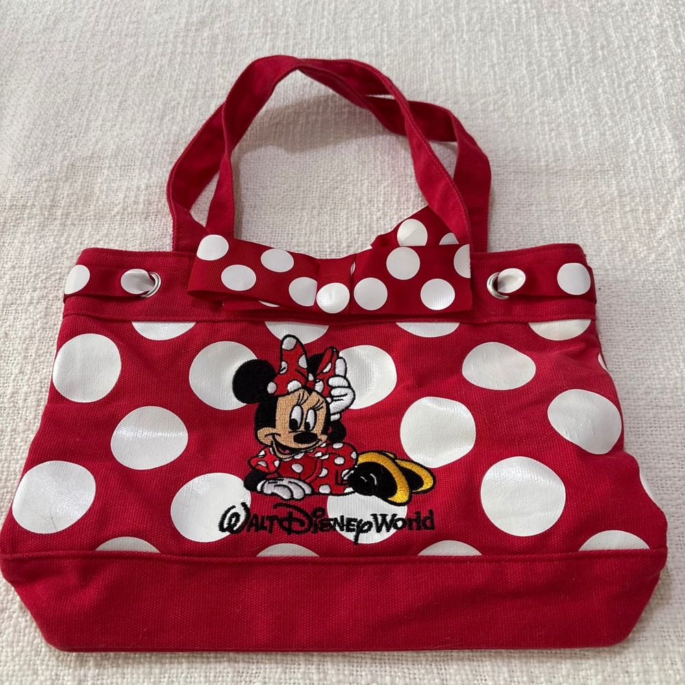 Disney Parks Minnie Mouse Polka Dot Tote Bag Walt Disney World Red White Canvas